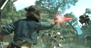 Star Wars Outlaws: Out on 30th of August 2024! Star-Wars-Outlaws-Kay-Wes-Fighting-Shooting Flying Robot and Stormtrooper