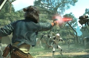 Star Wars Outlaws: Out on 30th of August 2024! Star-Wars-Outlaws-Kay-Wes-Fighting-Shooting Flying Robot and Stormtrooper