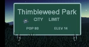 Thimbleweed Park: The Body is Starting to Pixelate Thimbleweed Park Town sign with bullet hole