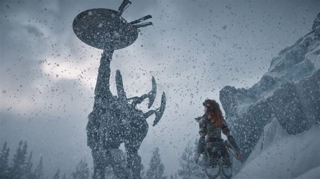 Horizon Zero Dawn Frozen Wilds Tallneck in a blizzard