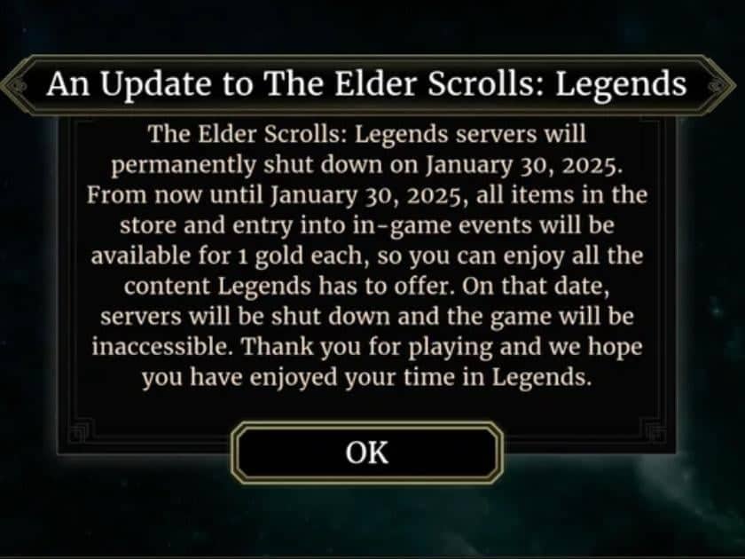 The Elder Scrolls: Legends - Notification of upcoming server shutdowns