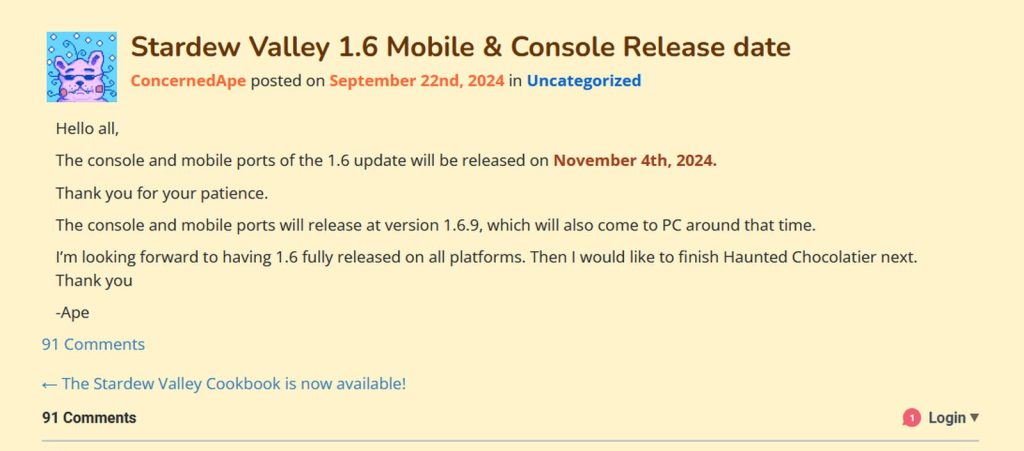 Official Post by ConcernedApe