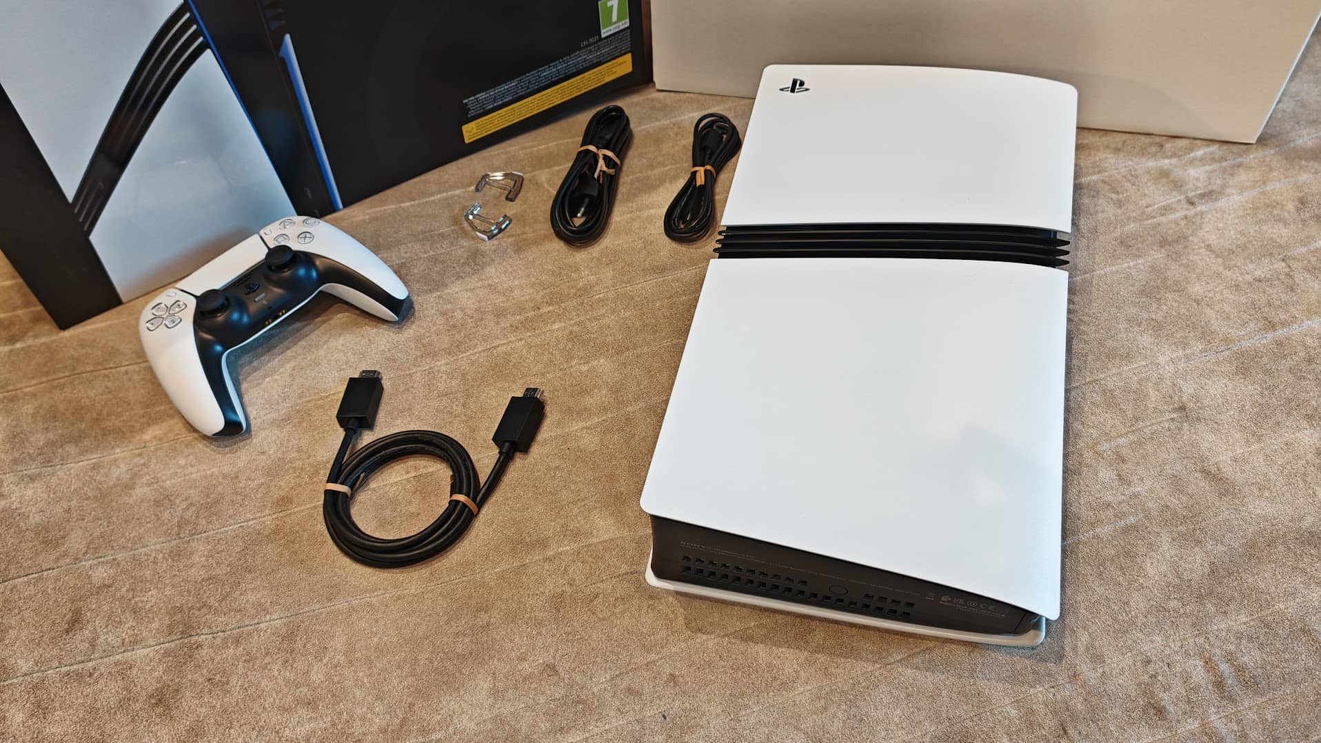 PlayStation 5 Pro just unpacked with HDMI power cable USB-c and Dualsense Controller