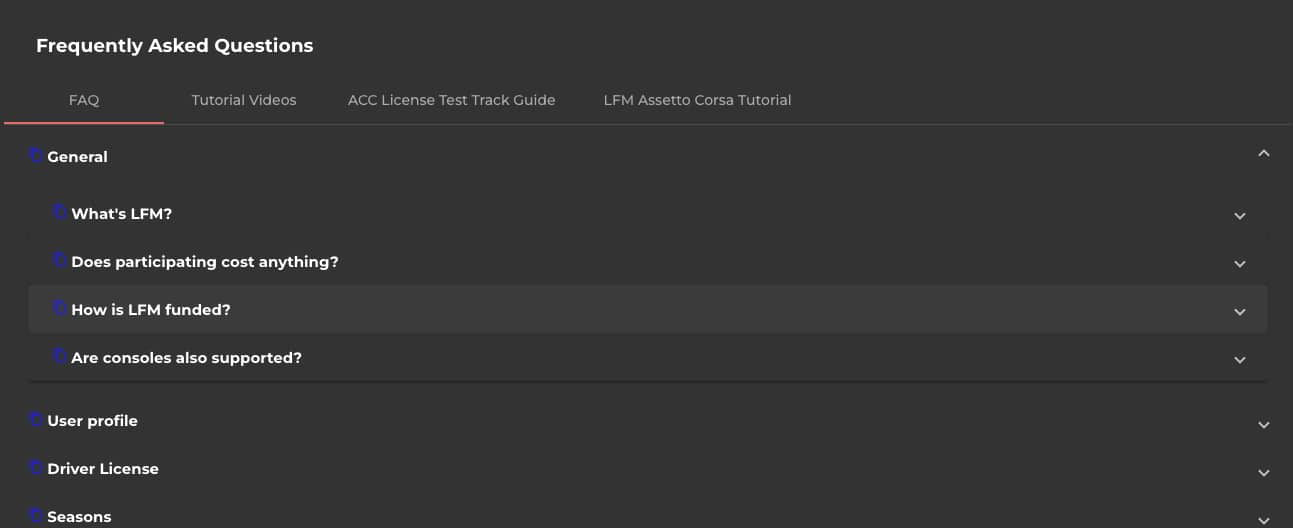 Low Fuel Motosport - FAQ is collabsible list, no search possible picture