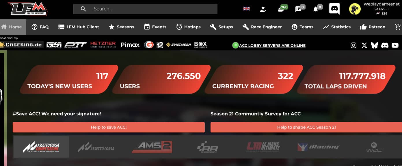 Low Fuel Motosport - Total LFM registered users and currently racing picture